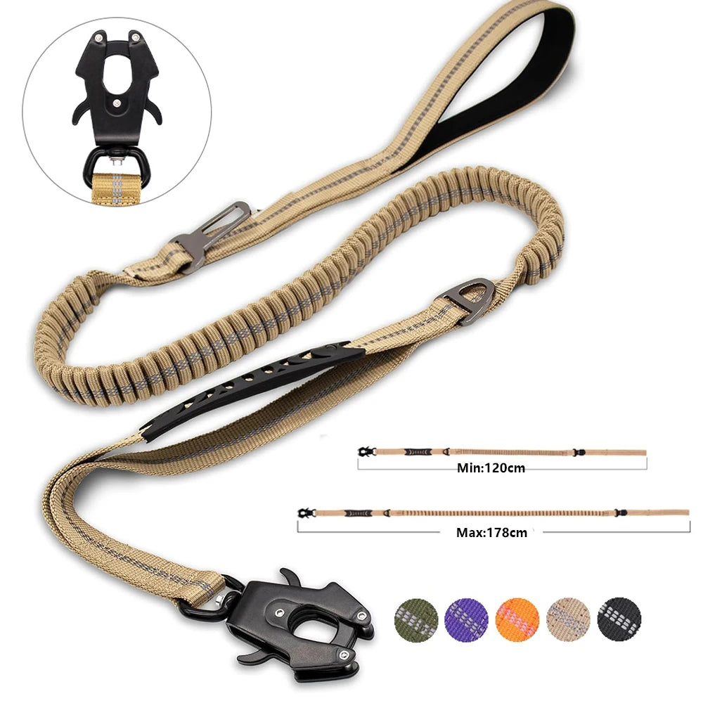 Heavy-Duty Tactical Bungee Dog Leash with Reflective Shock Absorption and Car Seatbelt Attachment for Large Dogs