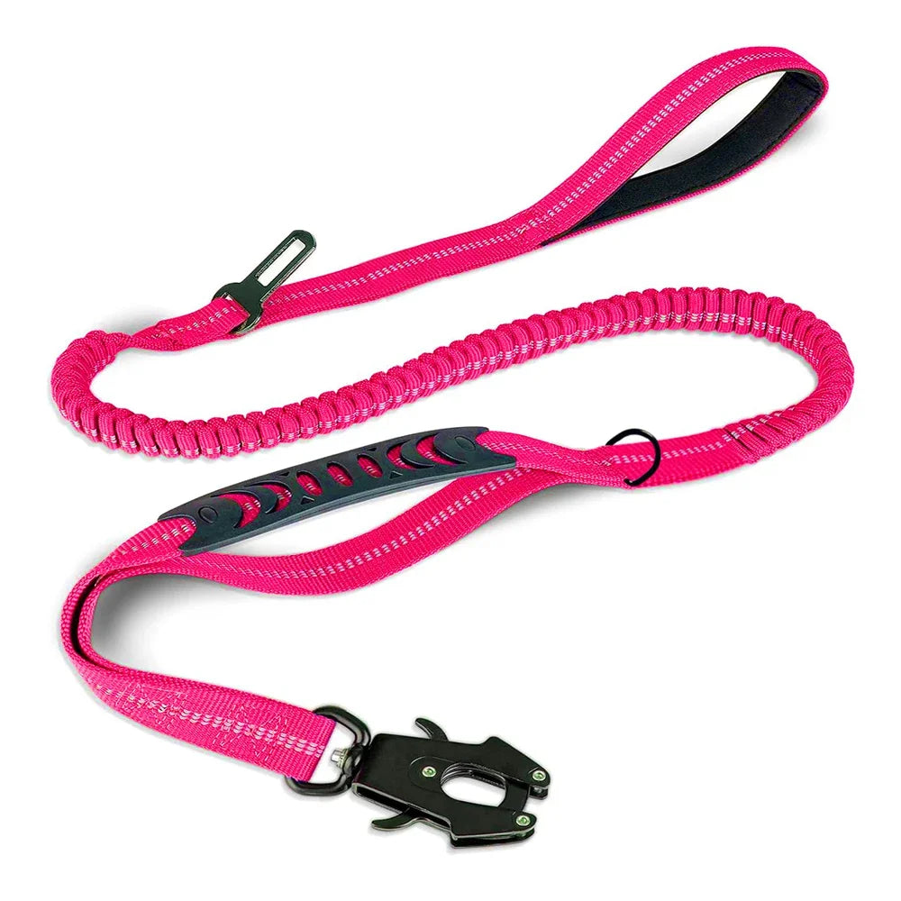 Heavy-Duty Tactical Bungee Dog Leash with Reflective Shock Absorption and Car Seatbelt Attachment for Large Dogs