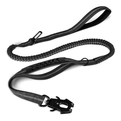 Heavy-Duty Tactical Bungee Dog Leash with Reflective Shock Absorption and Car Seatbelt Attachment for Large Dogs